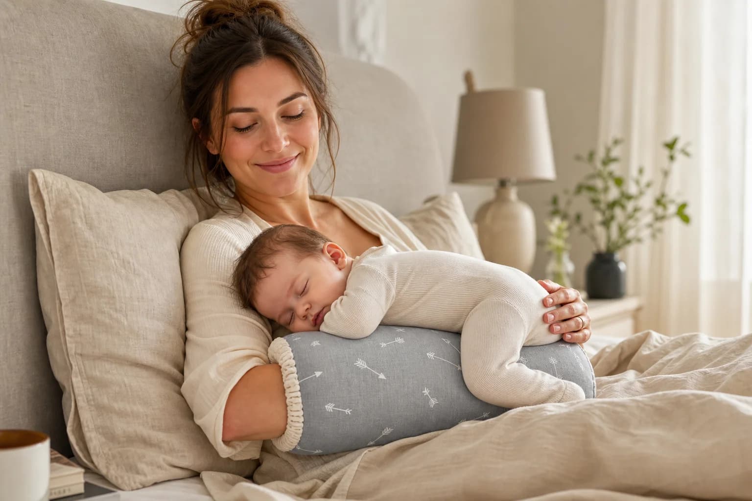 Mutter sitzt bequem im Bett und stillt ihr Baby mit dem ErgoFeed Armkissen