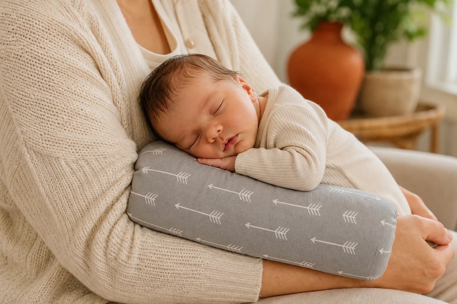 Baby ruht auf dem ErgoFeed Stillkissen am Arm der Mutter